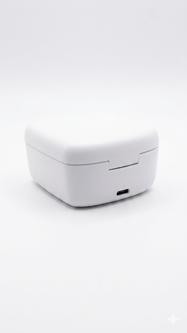 白色充電盒側面，USB-C 充電孔