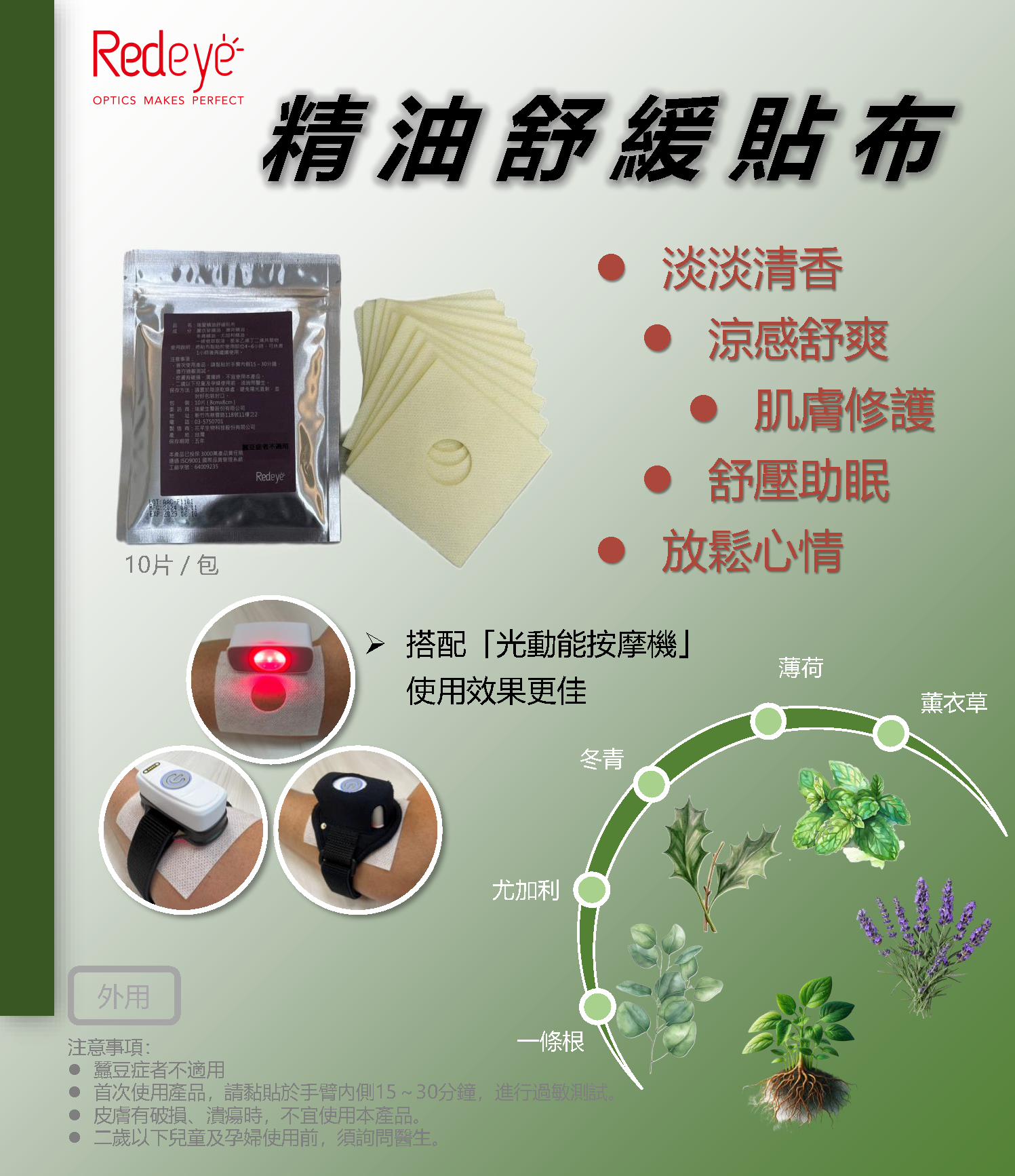 精油舒緩貼布行銷圖：包裝、成分與搭配光動能按摩機示意